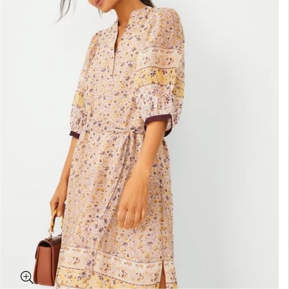 Ann Taylor Tan Cream Smocked Midi Dress - Picture 4 of 14